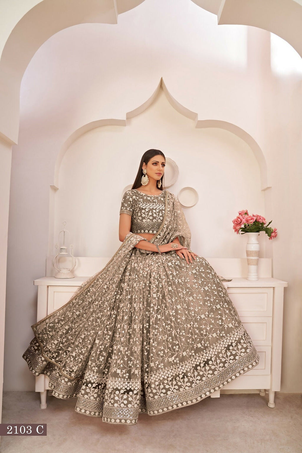 Eilara Chocolate Brown Net White Thread Zari Sequence Embroidered Work Lehenga Choli | Grocsy