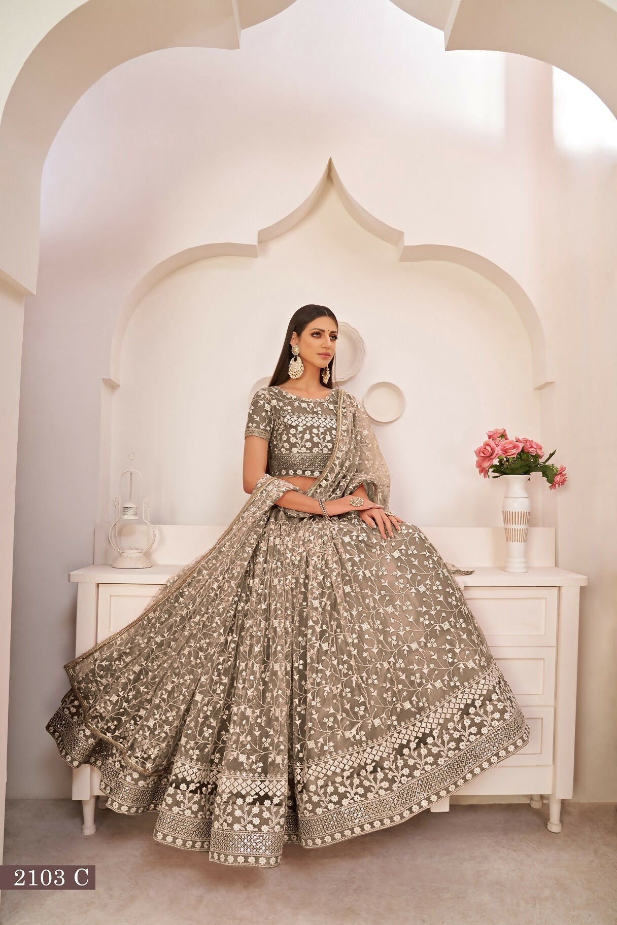 Eilara Chocolate Brown Net White Thread Zari Sequence Embroidered Work Lehenga Choli | Grocsy