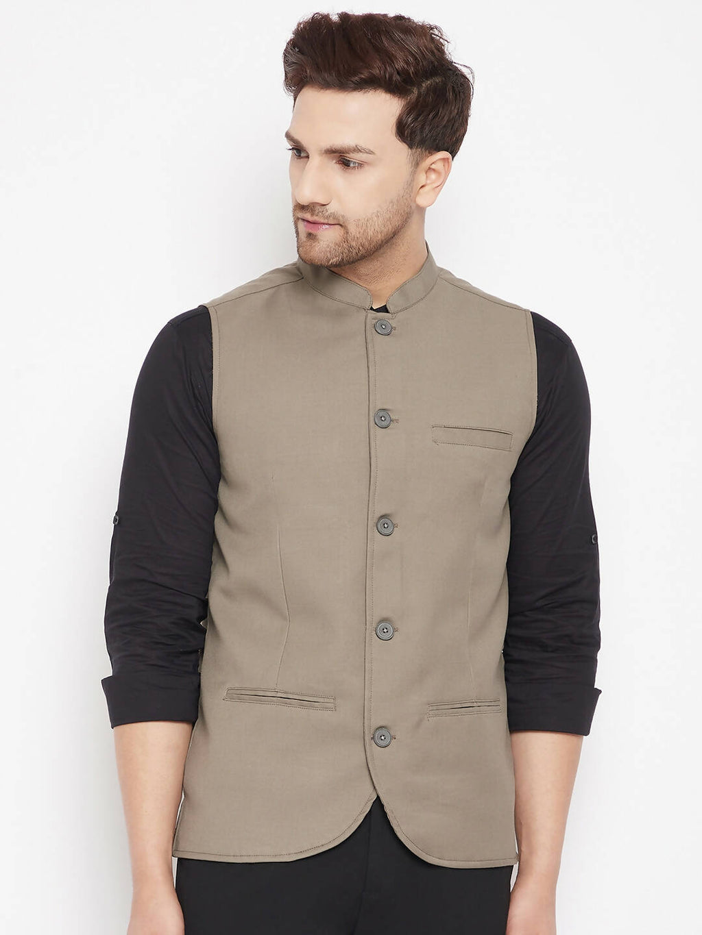 Even Apparels Beige Merino Men Woven Nehru Jacket | Grocsy
