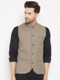 Even Apparels Beige Merino Men Woven Nehru Jacket | Grocsy