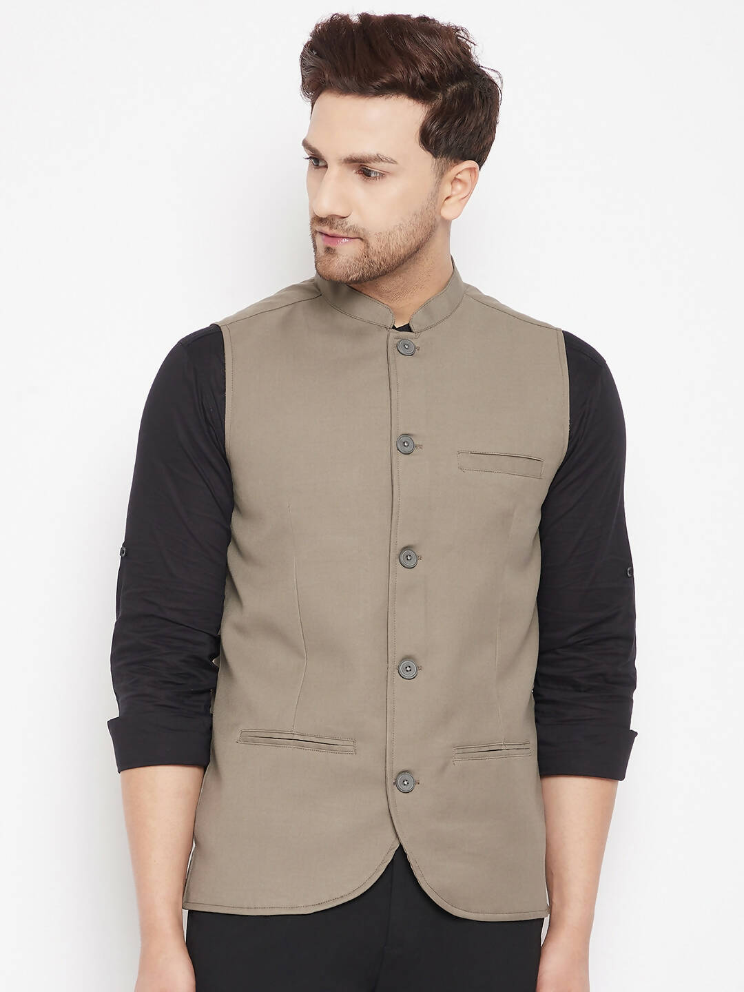 Even Apparels Beige Merino Men Woven Nehru Jacket | Grocsy