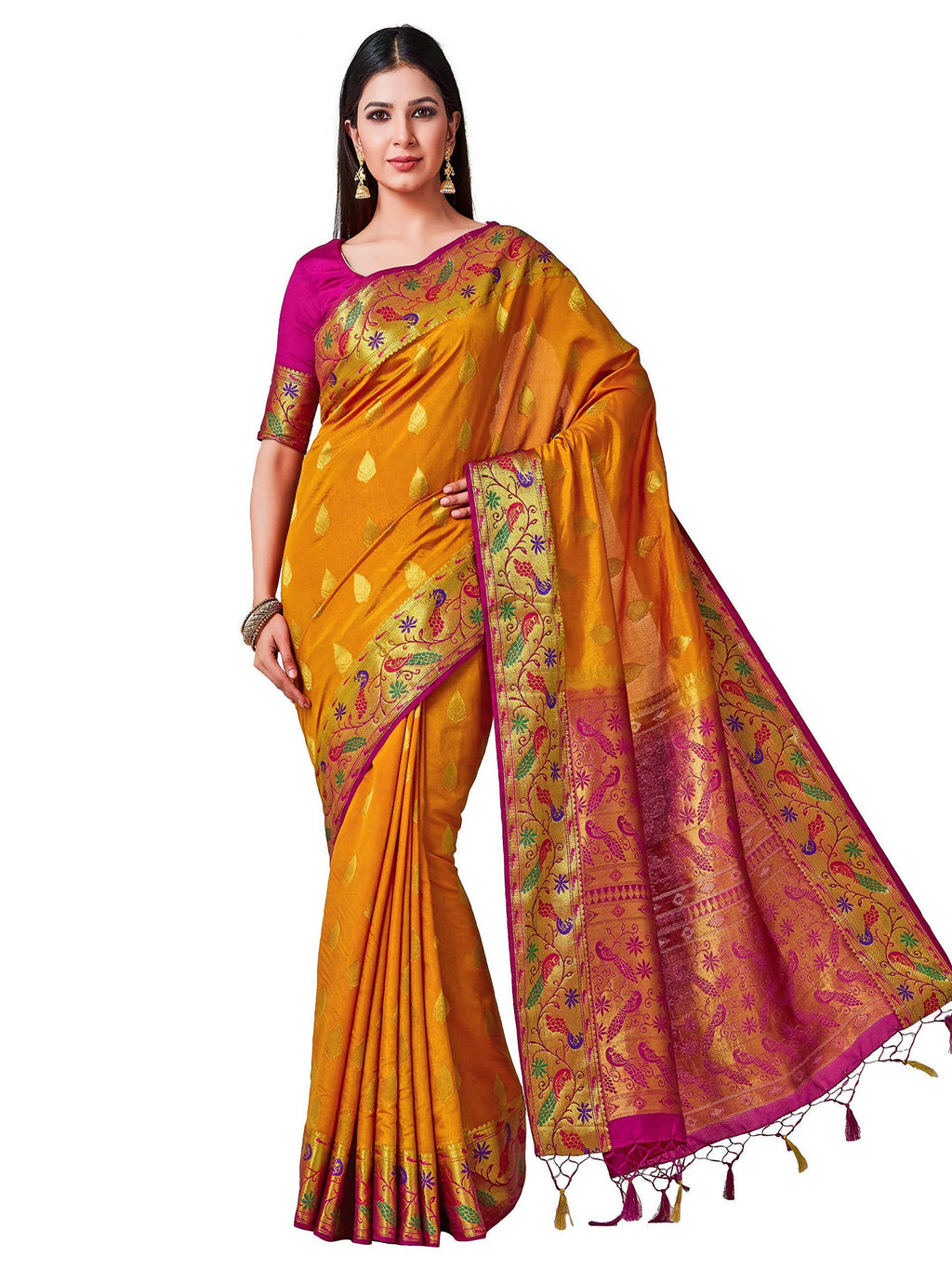 Mimosa Women's Paithani Art Silk Mustard Yellow Saree | Grocsy