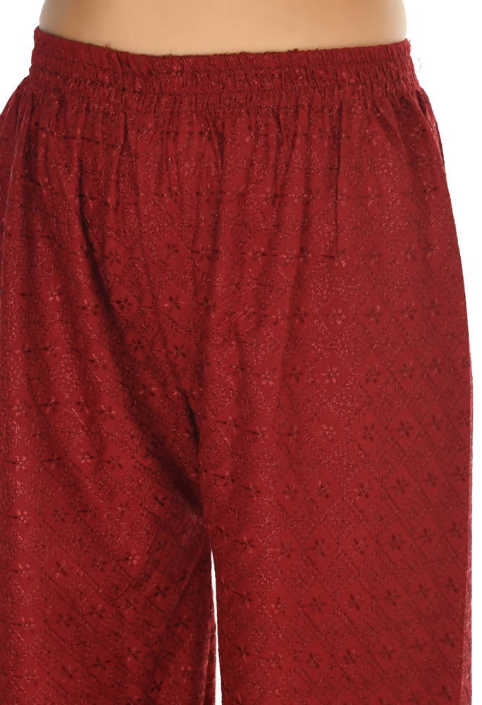 Mominos Fashion Moeza Reyon Cotton Maroon Color Chikan Work Palazzo | Grocsy