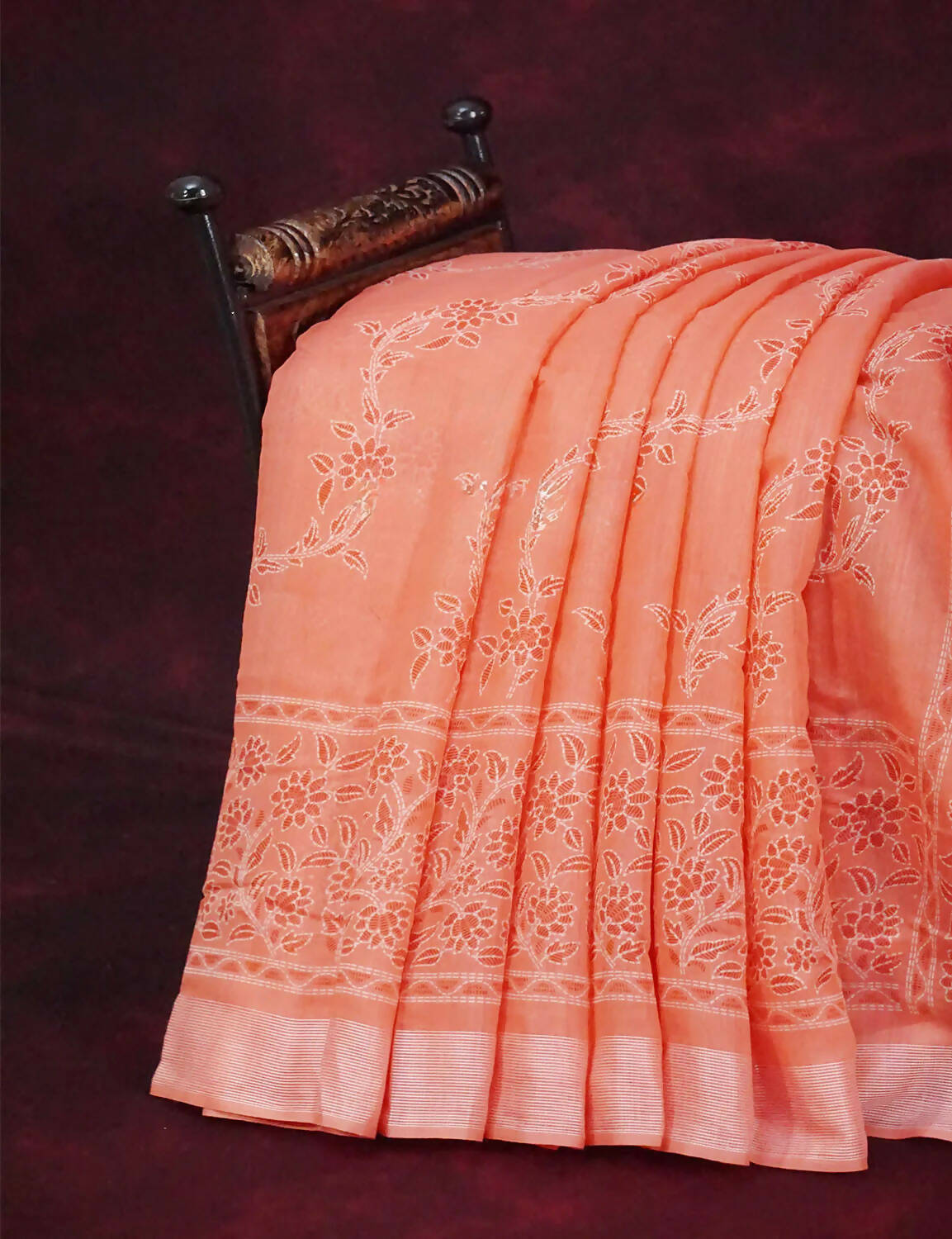 Mix of Peach and Orange Block Printed Semi Chanderi Saree By Gayathri Reddy Designer Studio | Grocsy