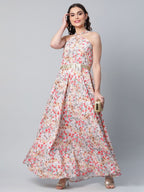 Ahalyaa Women Crepe Printed Classic White Romantic Florals Dress | Grocsy
