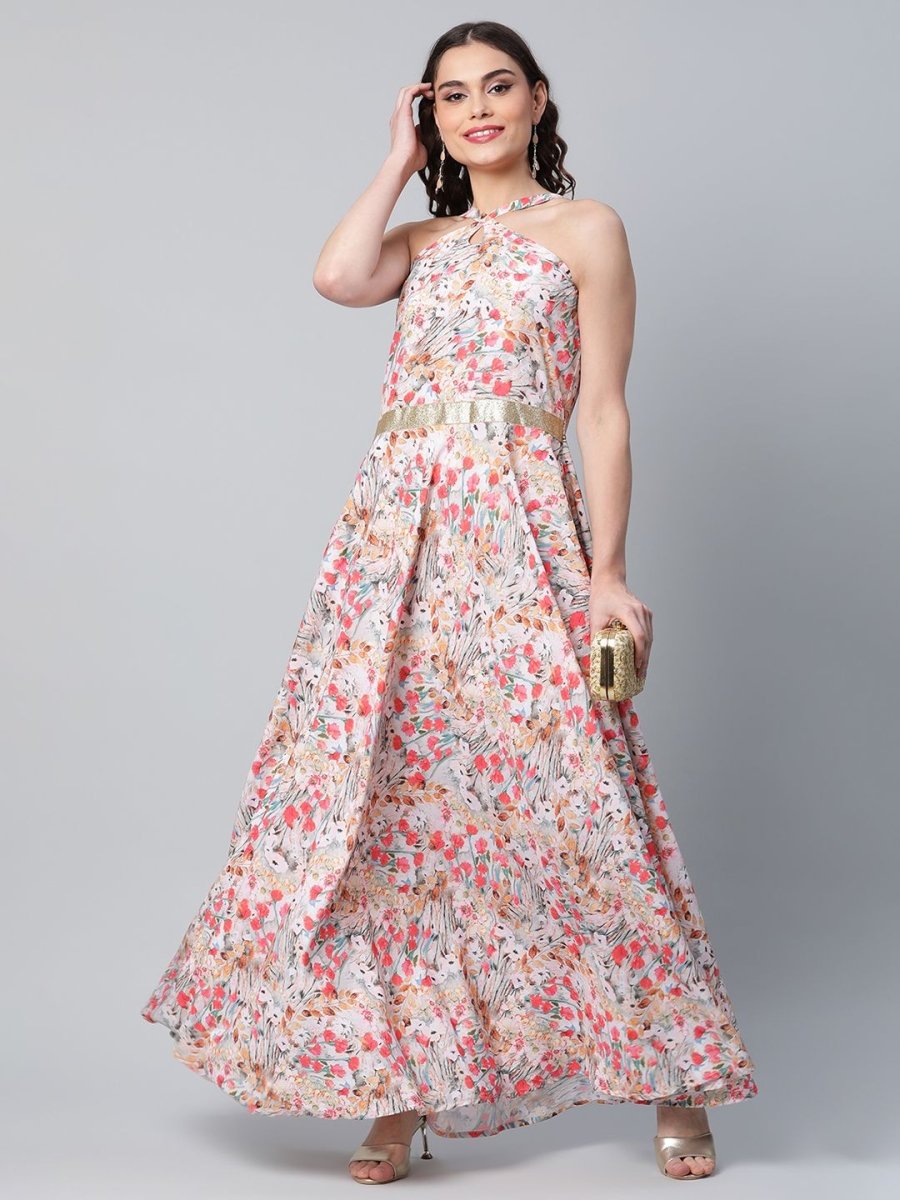 Ahalyaa Women Crepe Printed Classic White Romantic Florals Dress | Grocsy