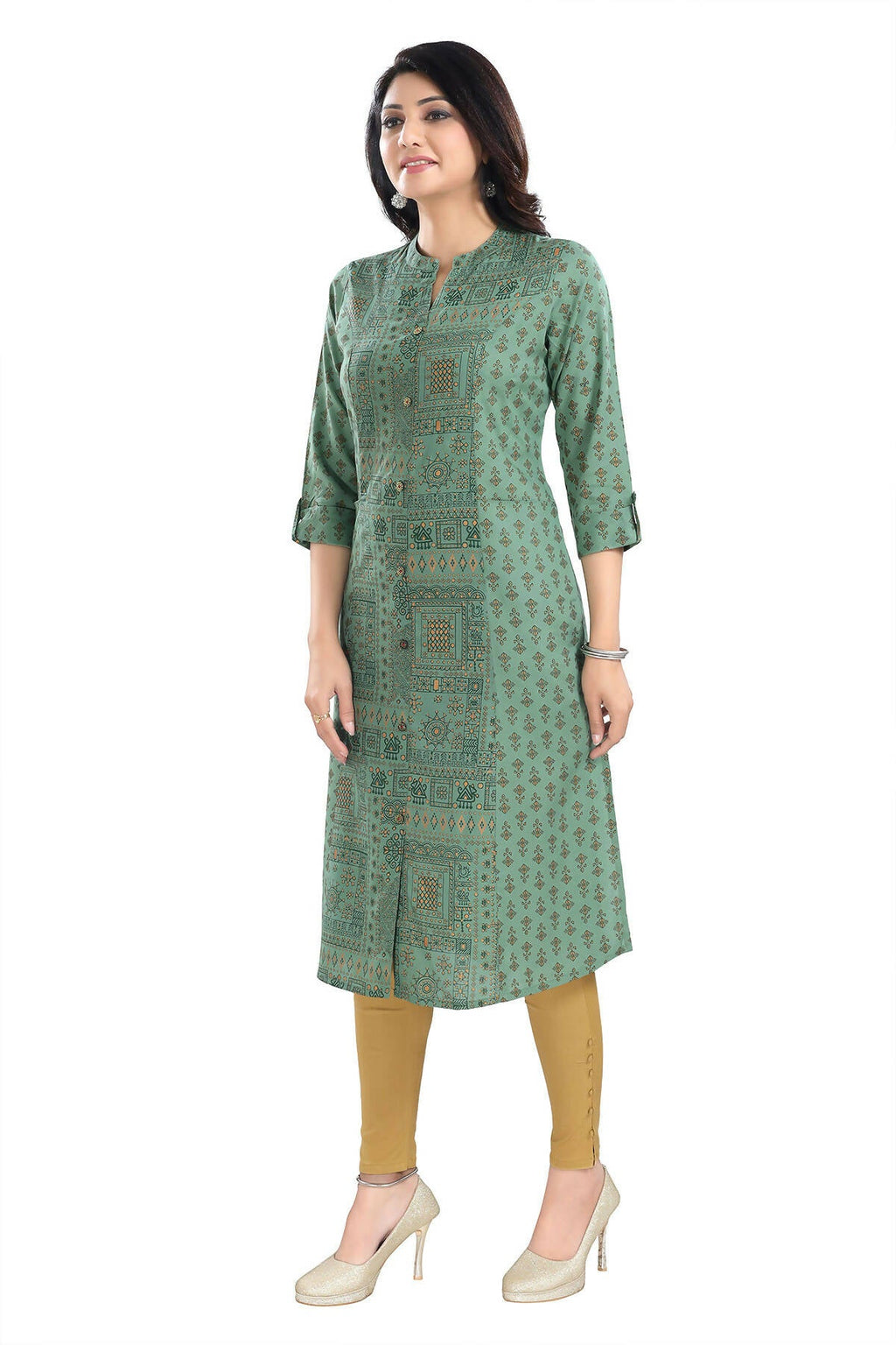 Snehal Creations Pleasing Pista Green Rayon Print Long Kurta For Women | Grocsy