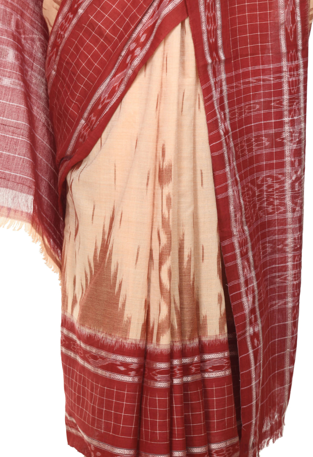 Vamika Sambalpuri Ikat Cotton Scot Dali Tasrite & Maroon Saree | Grocsy