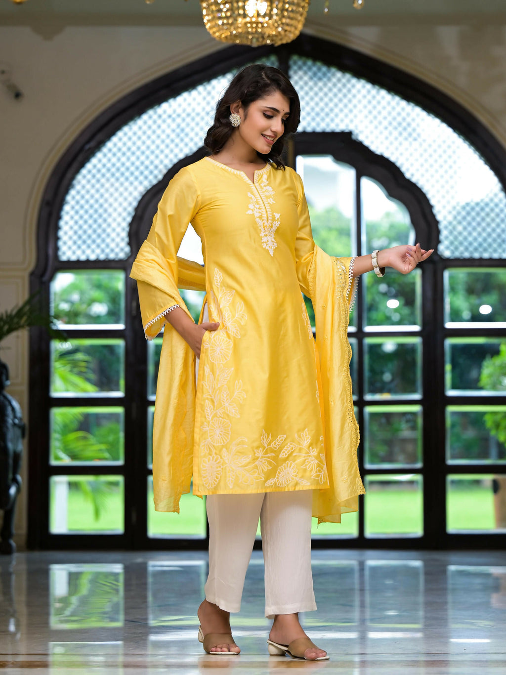 Juniper Women's Yellow Thread Embroidered Viscose Kurta Palazzo And Dupatta Set With Thread & Mirror Work | Grocsy