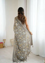 PR Fashion Grey Bright Moss Satin Patta Printed Saree | Grocsy