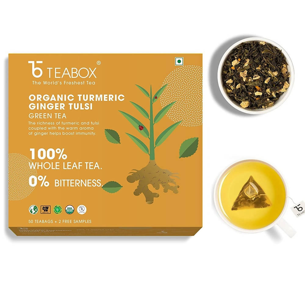 Teabox Organic Turmeric Ginger Tulsi Green Tea Bags | Grocsy
