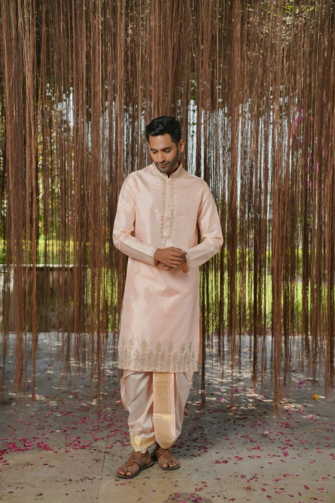 Light Pink Kanjivaram Machine Embroidered Pattu Set by Hilo Design | Grocsy