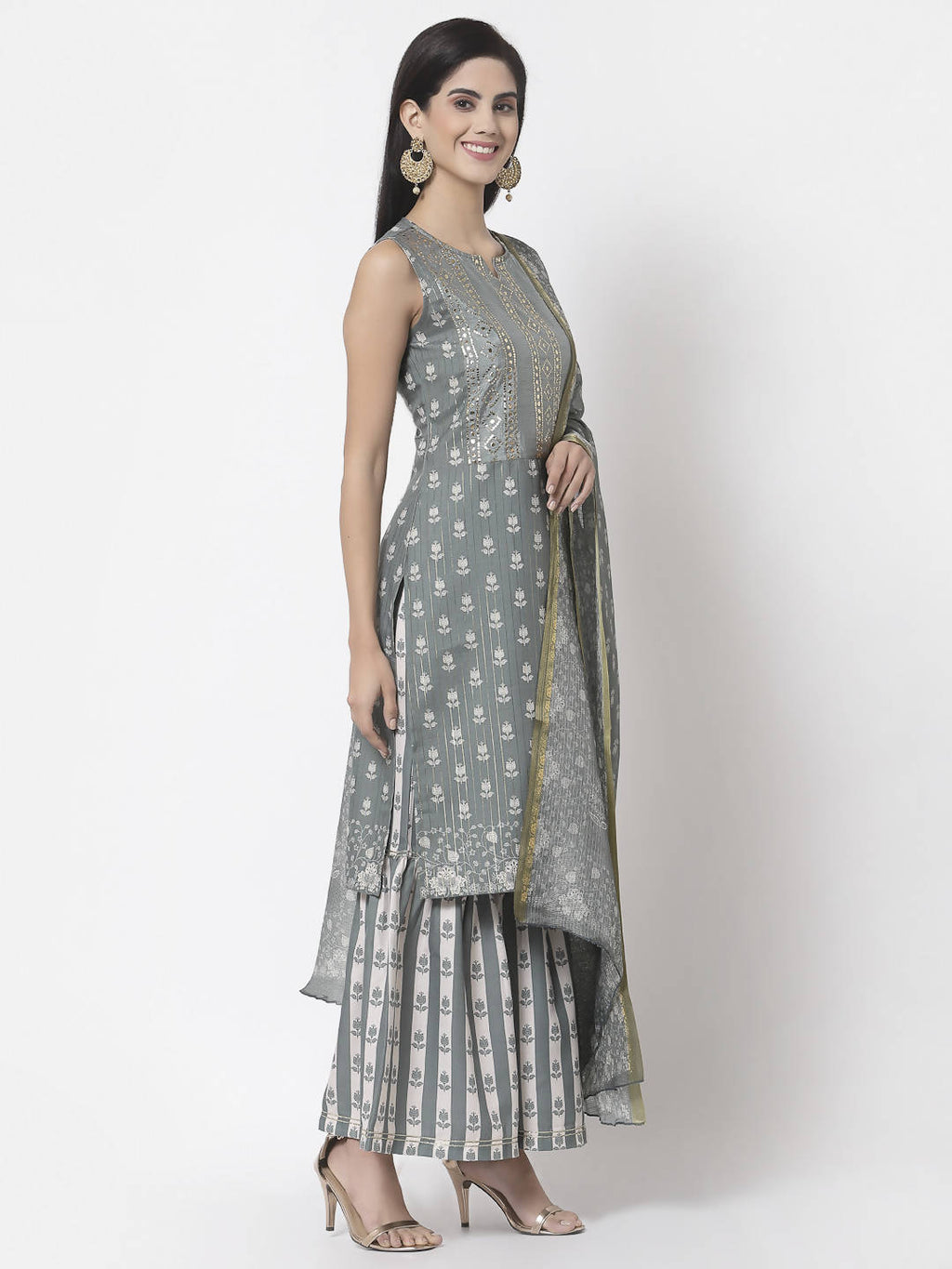 Myshka Women Grey Cotton Blend Printed Sleeveless Round Neck Kurta With Sharara & Dupatta Set | Grocsy