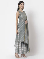 Myshka Women Grey Cotton Blend Printed Sleeveless Round Neck Kurta With Sharara & Dupatta Set | Grocsy