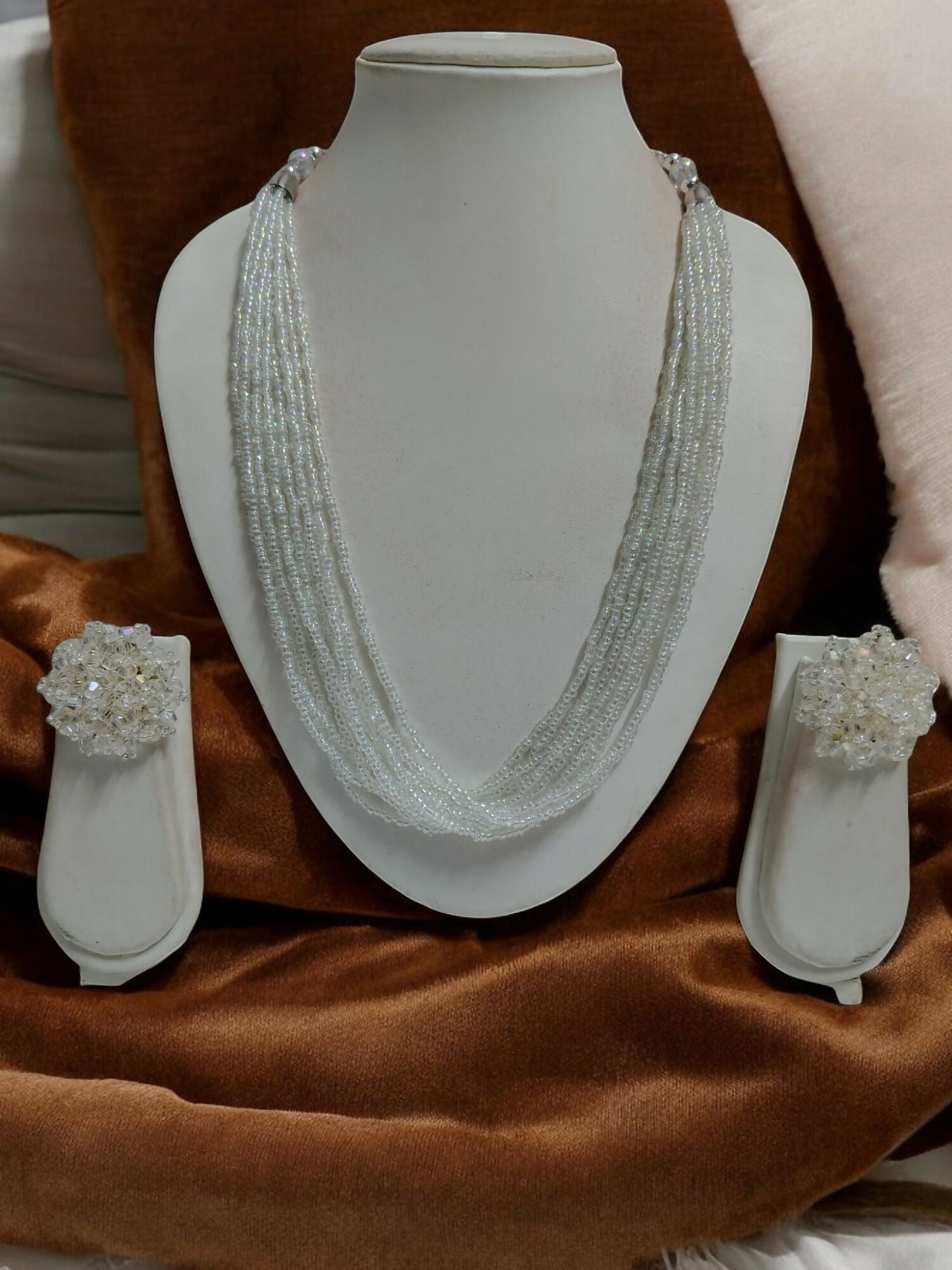 Inhanns Bloom Handmade Beaded Necklace With Earrings - 12 Layers - Ivory | Grocsy