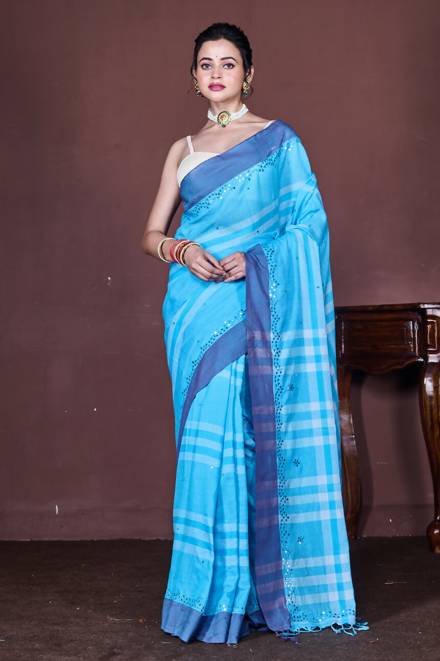 Morchari Blue Cotton Handloom Mirror Work Saree Unstitched Blouse | Grocsy