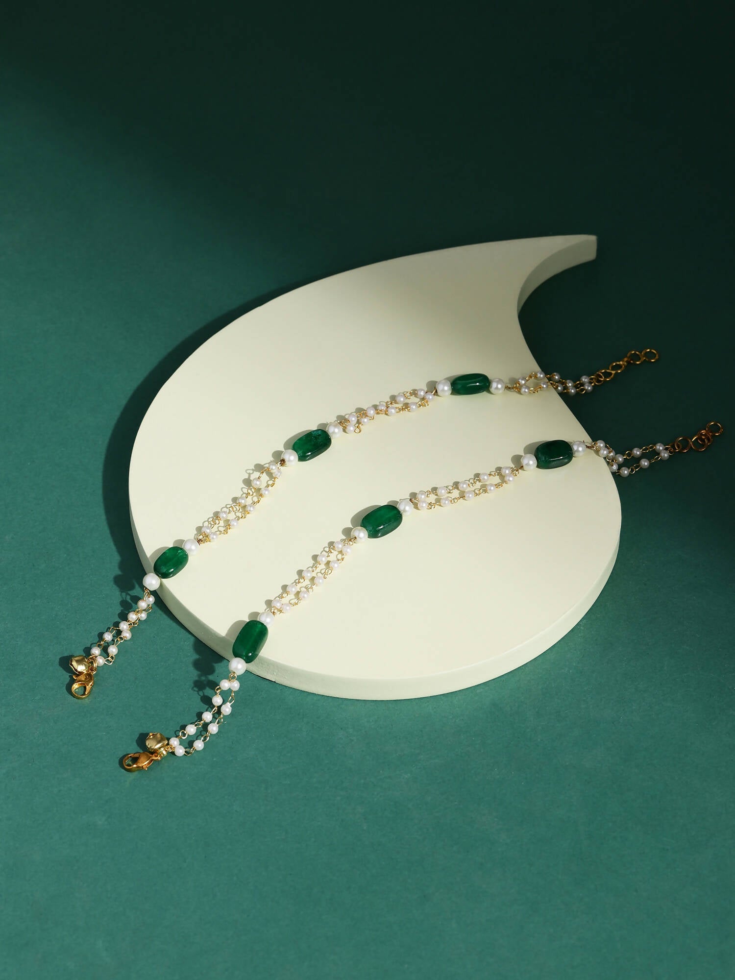 Gold-Polished White Green Pearl Beaded Anklets - Ruby Raang | Grocsy