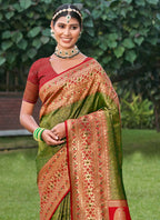 Shree Shyam Fashion Mehandi Golden Banarasi Silk Saree | Grocsy