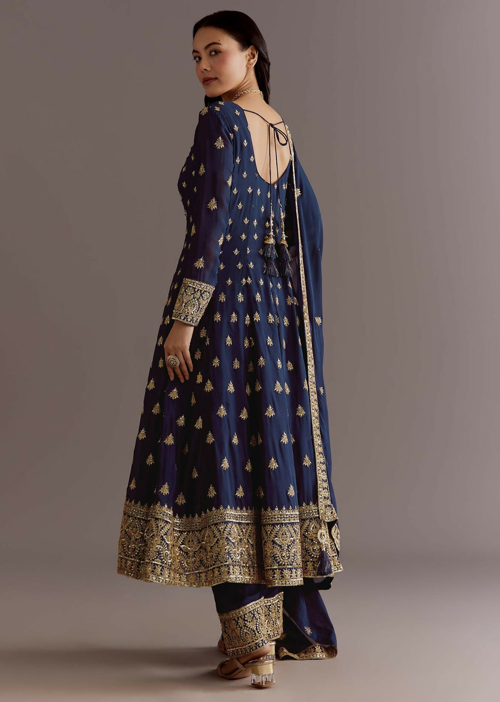 Teeya Creation Blue Color Chinnon Silk Embroidery Work Gown | Grocsy
