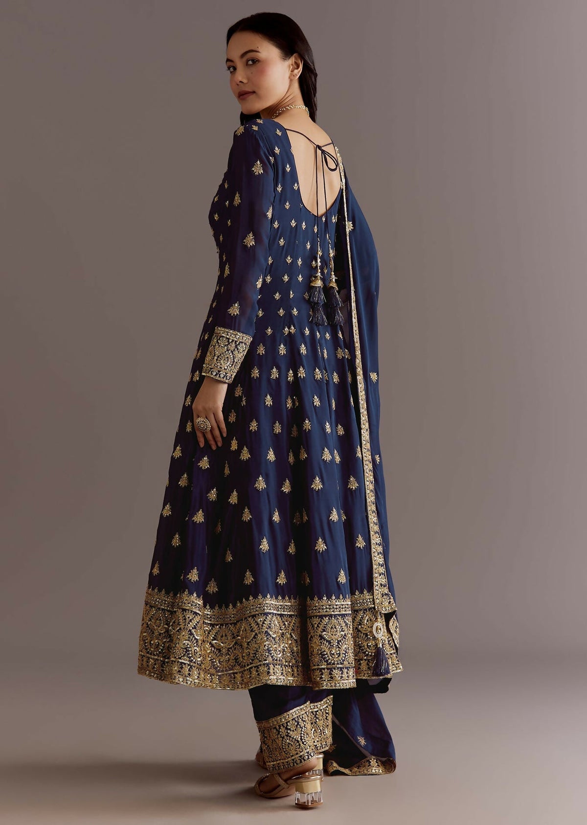 Teeya Creation Blue Color Chinnon Silk Embroidery Work Gown | Grocsy