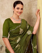 Joban Fashion Olive Green & Golden Silk Blend Embroidery Saree | Grocsy