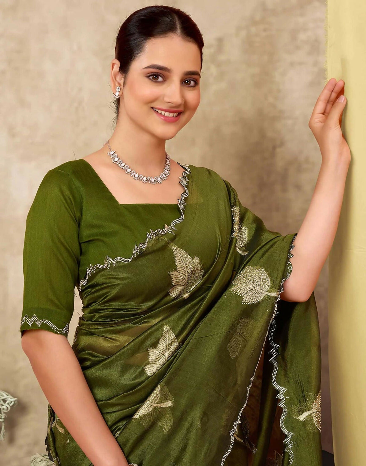 Joban Fashion Olive Green & Golden Silk Blend Embroidery Saree | Grocsy