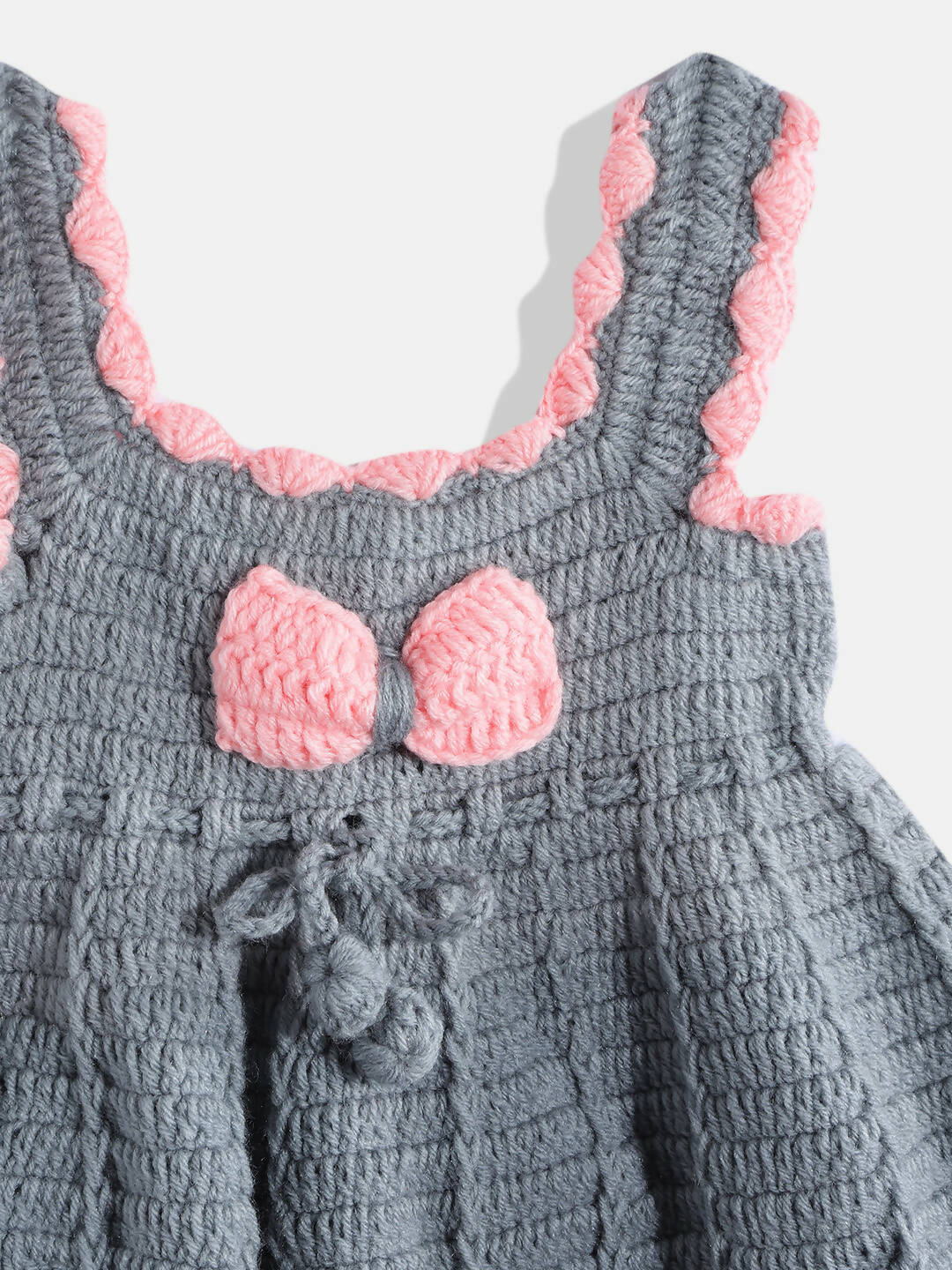 Chutput Kids Woollen Hand Knitted Sleeveless Bow Detail Dress For Baby Girls - Grey | Grocsy