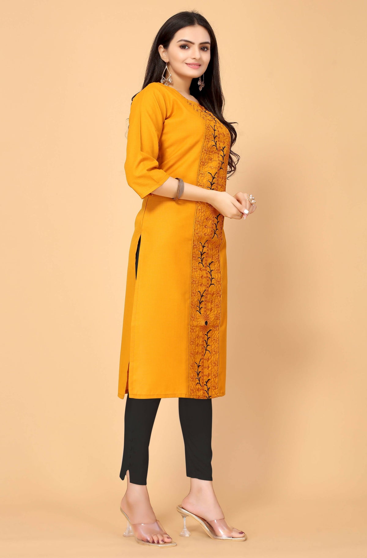 Musterd Cottan Slub Embroidery Kurti - Umi | Grocsy