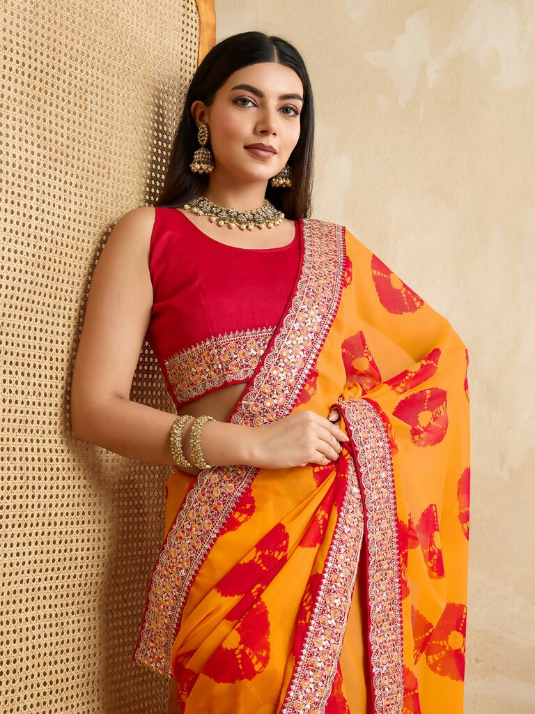 Yellow Georgette Printed Designer, Embroidery Work Lace Border Saree - Aarvi | Grocsy