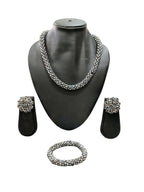 Inhanns Complete Look Crystal Statement 3-Piece Set (Adjustable Necklace + Earrings + Adjustable Bangle ) - Silver | Grocsy
