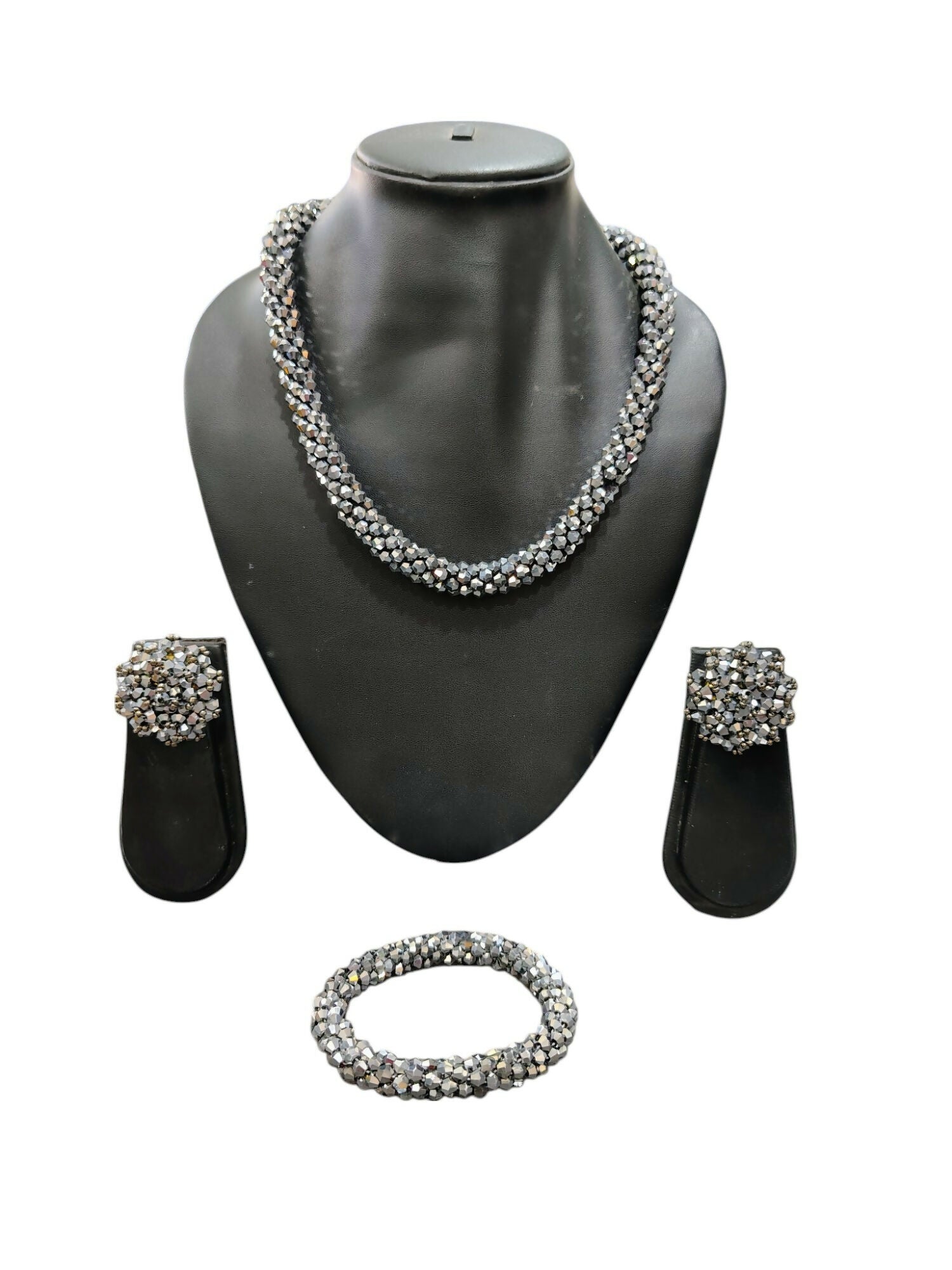 Inhanns Complete Look Crystal Statement 3-Piece Set (Adjustable Necklace + Earrings + Adjustable Bangle ) - Silver | Grocsy