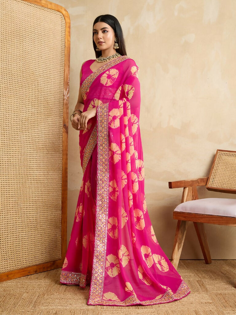 Pink Georgette Printed Designer, Embroidery Work Lace Border Saree - Aarvi | Grocsy