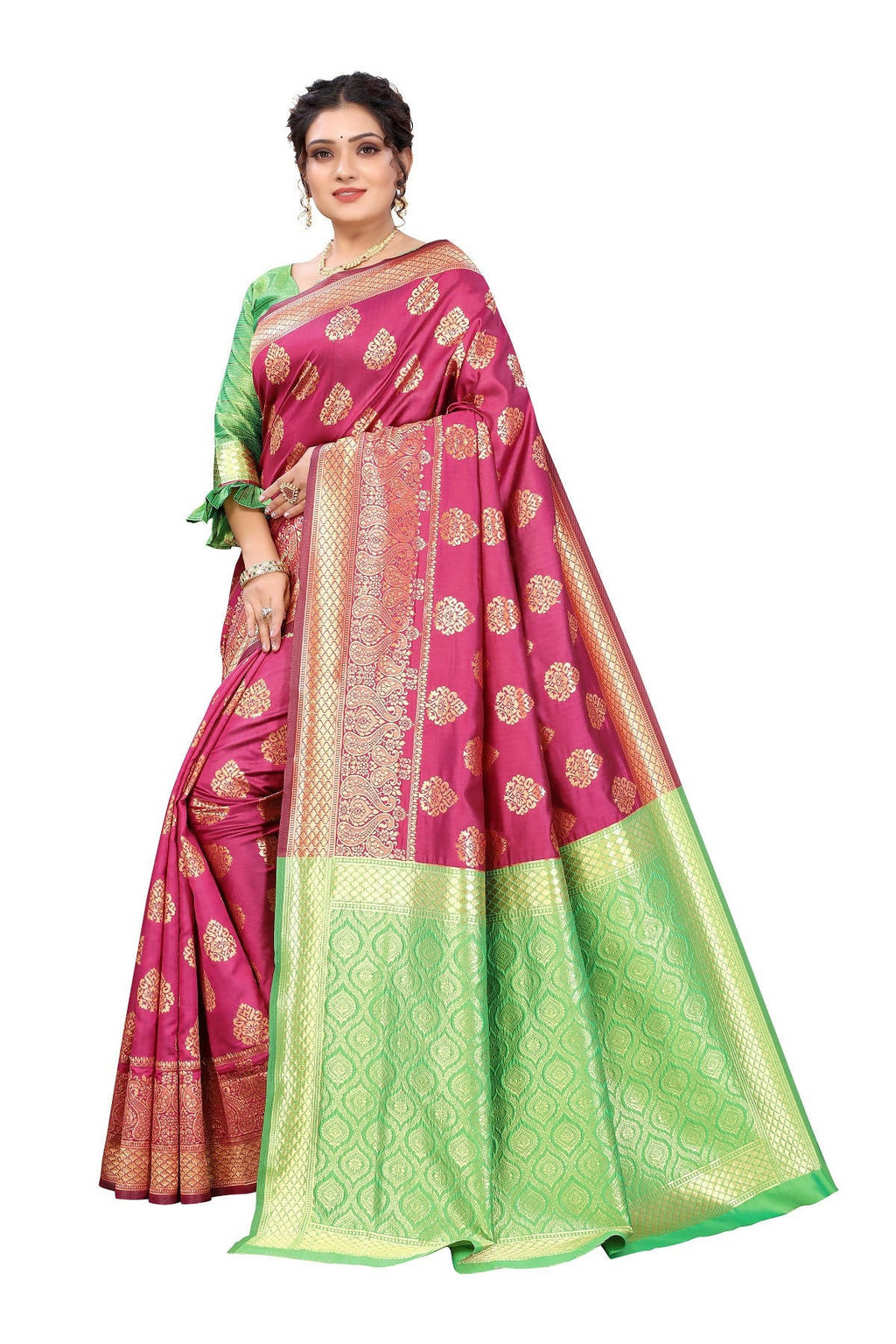 Vamika Ethnic Fire Pink Weaving Banarasi Jacquard Saree | Grocsy