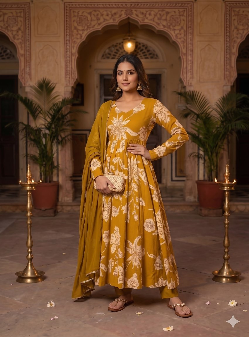 Teeya Creation Mustard Yellow Floral Printed Anarkali Kurta With Pant And Dupatta | Grocsy