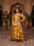Teeya Creation Mustard Yellow Floral Printed Anarkali Kurta With Pant And Dupatta | Grocsy