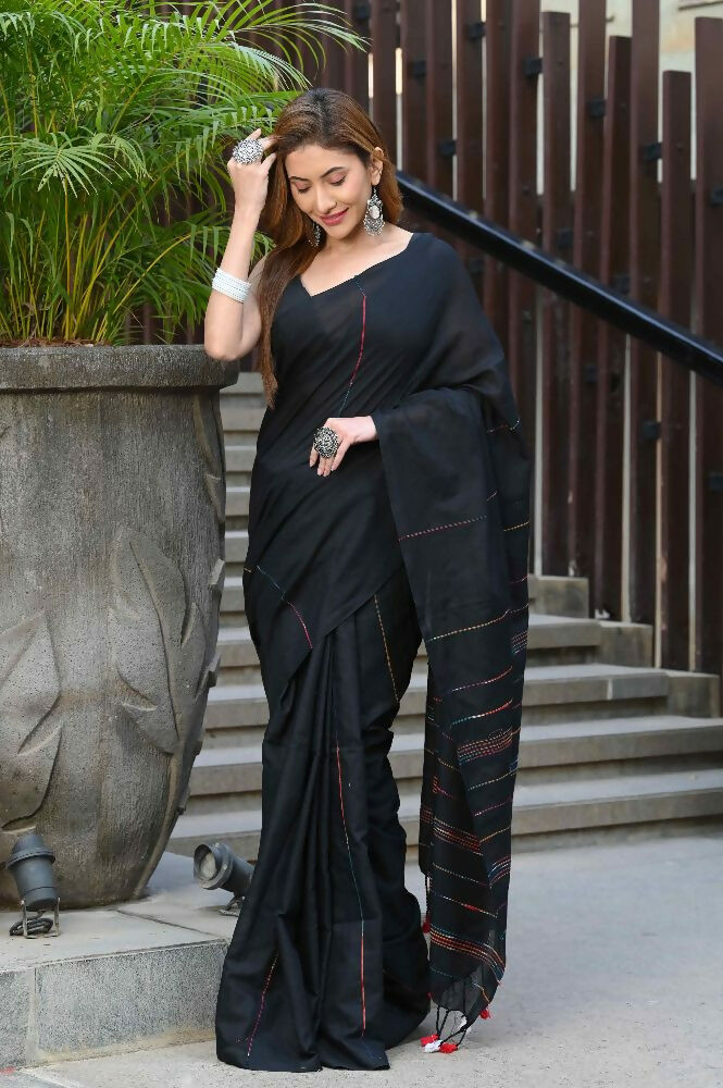 Beatitude Black Khadi Ghicha Stripes Saree | Grocsy