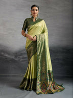 PR Fashion Green Kanjivaram Soft Silk Kadiyal Pattern Double Zari Woven Patta, Meenakari Woven Pallu Saree | Grocsy