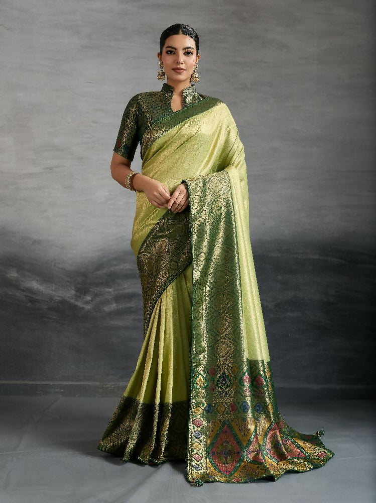 PR Fashion Green Kanjivaram Soft Silk Kadiyal Pattern Double Zari Woven Patta, Meenakari Woven Pallu Saree | Grocsy