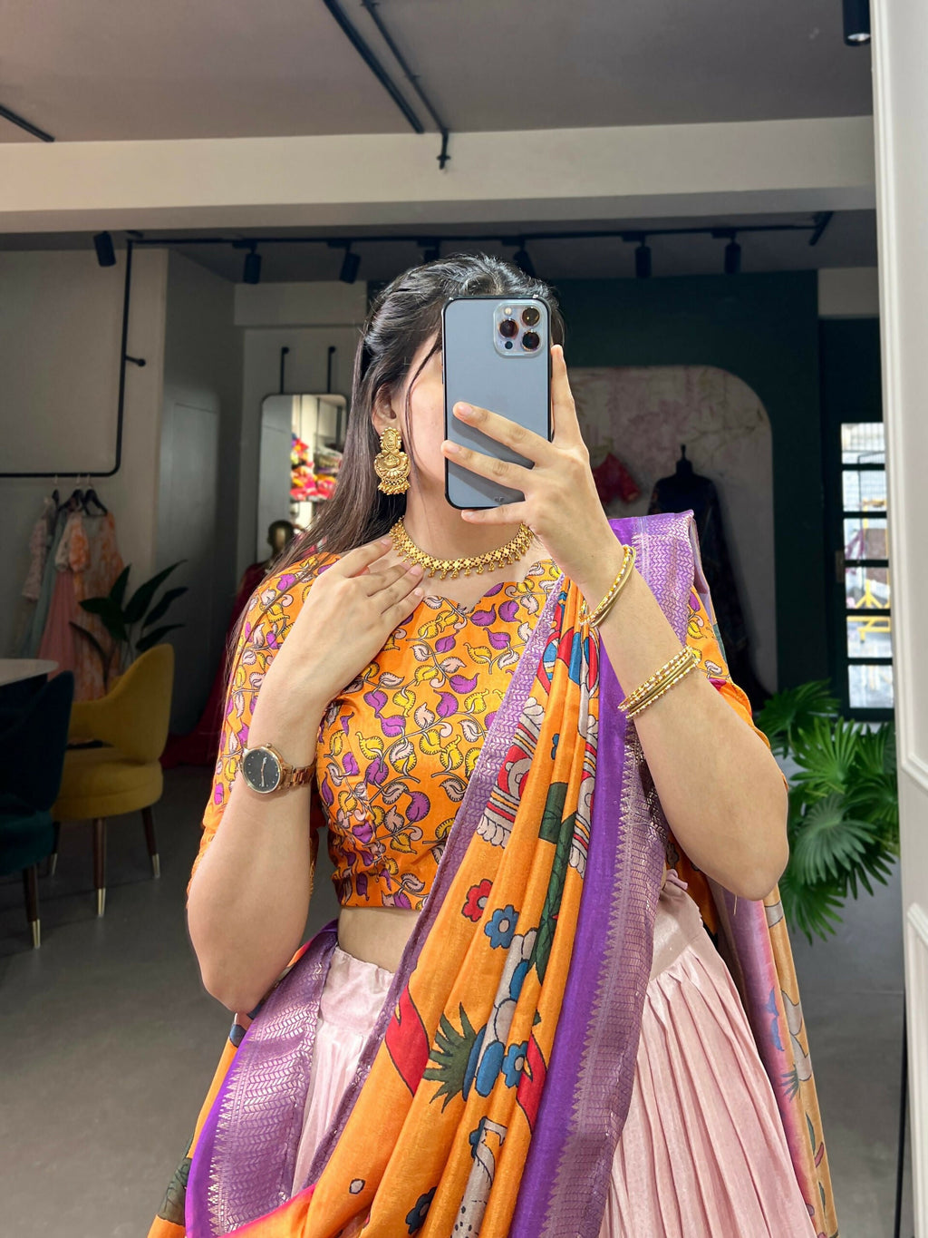 Vastranavya Kalamkari Print With Weaving Border Lehenga with Unstitched Blouse - Purple | Grocsy