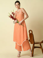 Myshka Women's Peach Embroidered Kurta With Palazzo | Grocsy