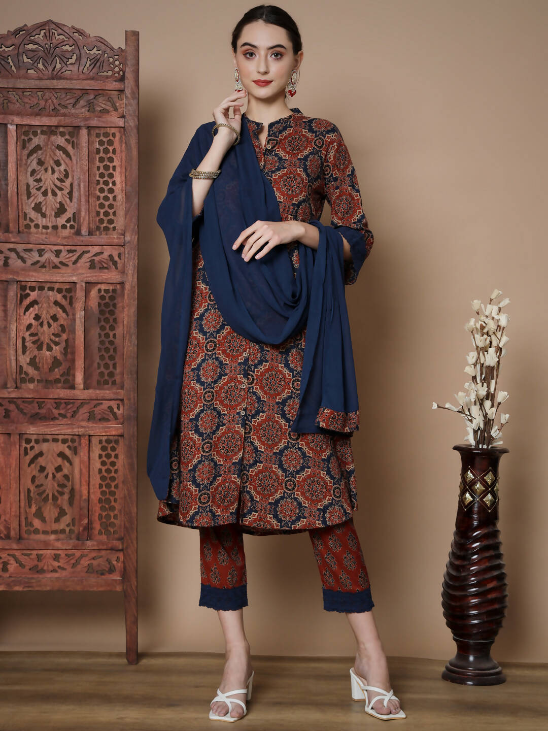 Myshka Women's Multi A-Line Kurta & Trousers With Dupatta | Grocsy