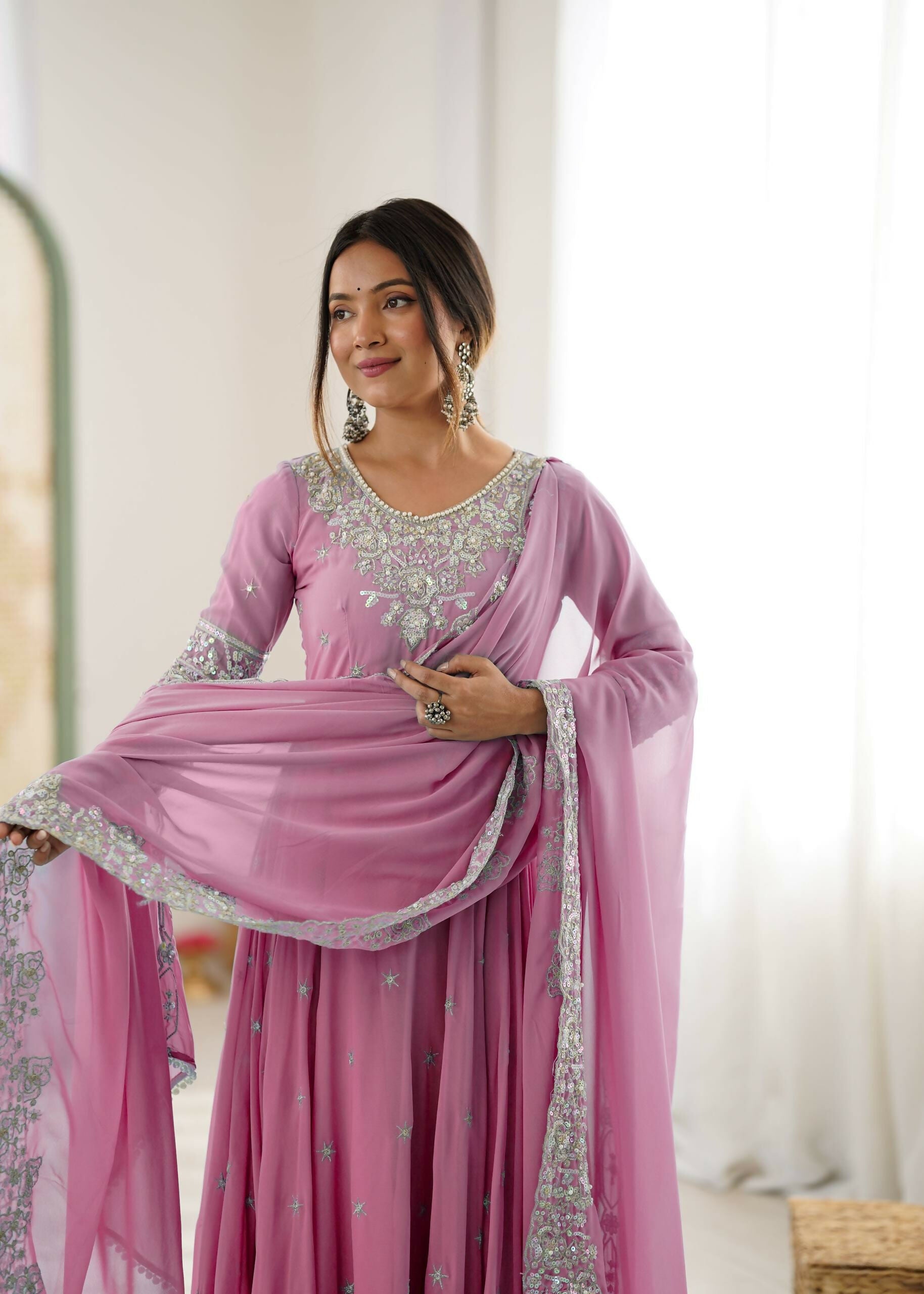 Teeya Creation Baby Pink Color Faux georgette Embroidery Work Wedding Wear Gown | Grocsy