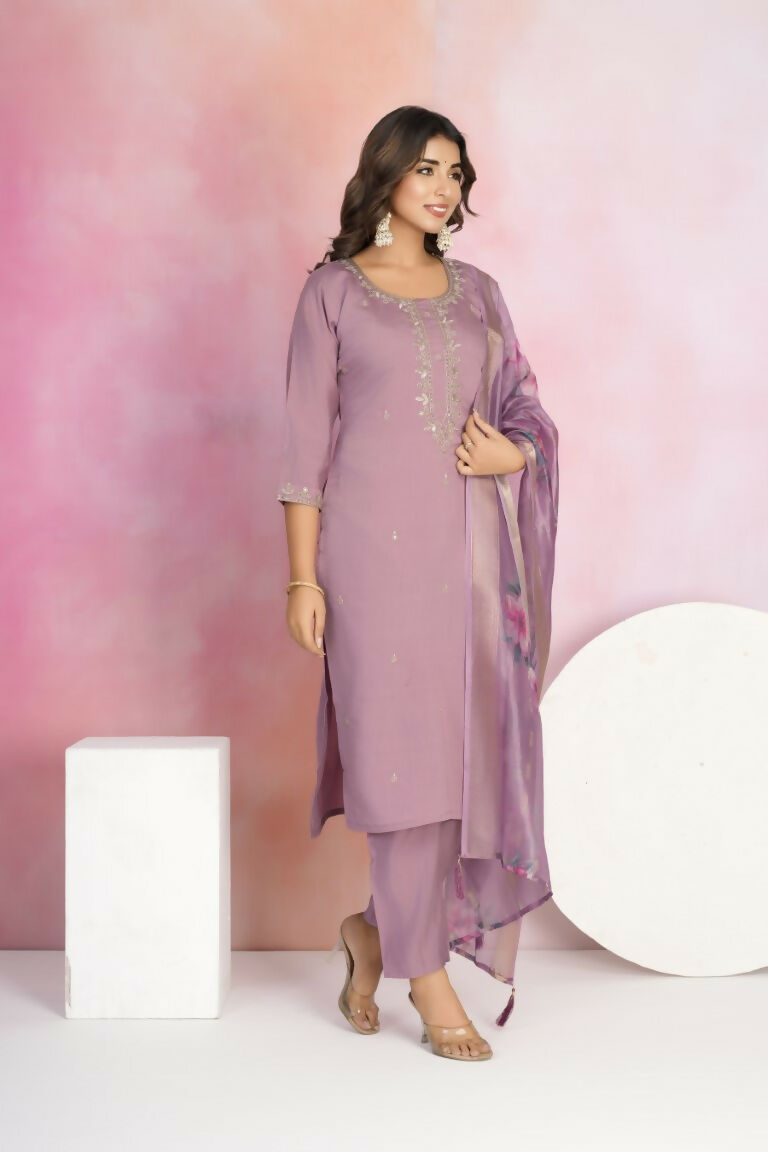 Ethnic Festive Wear Viscose Chanderi Purple Stitched Suit With Dupatta - Tanisha | Grocsy