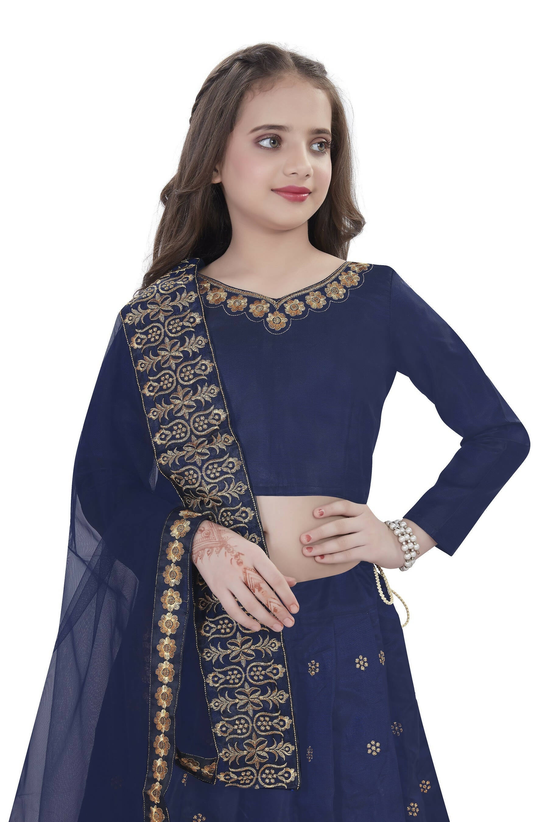 Dwiden Navy Blue Queen Tafetta Sattin Semi-Stitched Girl's Lehenga Choli | Grocsy