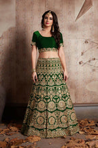 Jyoti Fashion Mesmerizing Green Sequins Embroidered Velvet Lehenga Choli with Dupatta | Grocsy