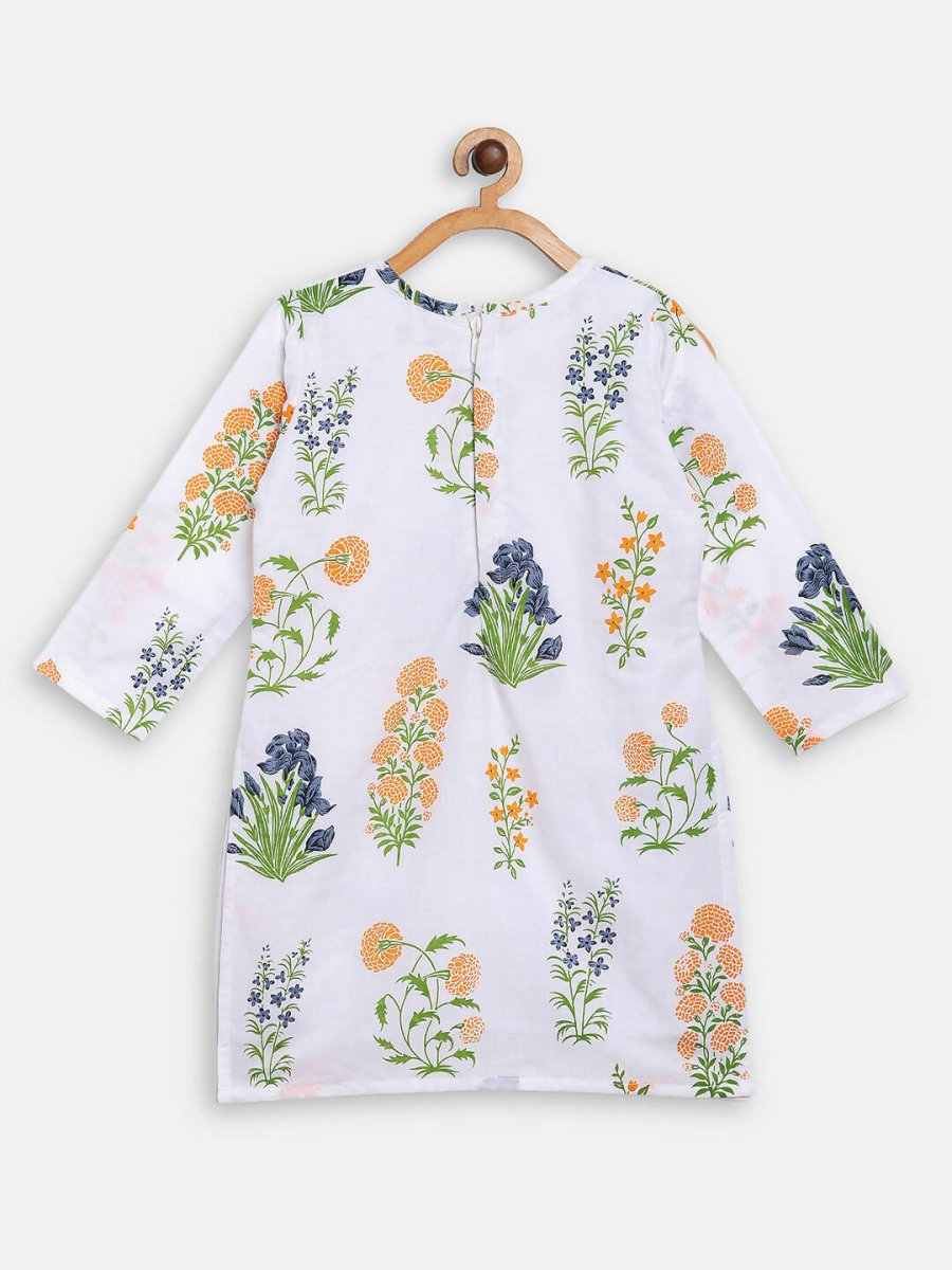 Ahalyaa White Cotton Straight Floral Printed Kids Kurta Pant Sets With Dupatta For Girls | Grocsy