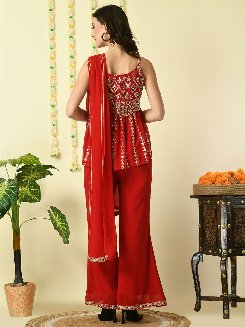 Myshka Women's Red Georgette Top & Palazzos With Dupatta Party Sets | Grocsy