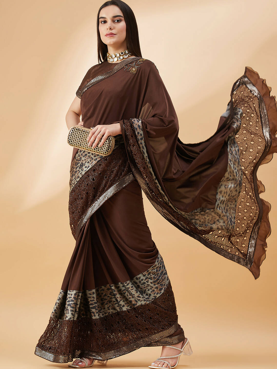 Brown Lycra Animal Print, Fancy Value Addition Fabric Saree - Norita Hit Design | Grocsy