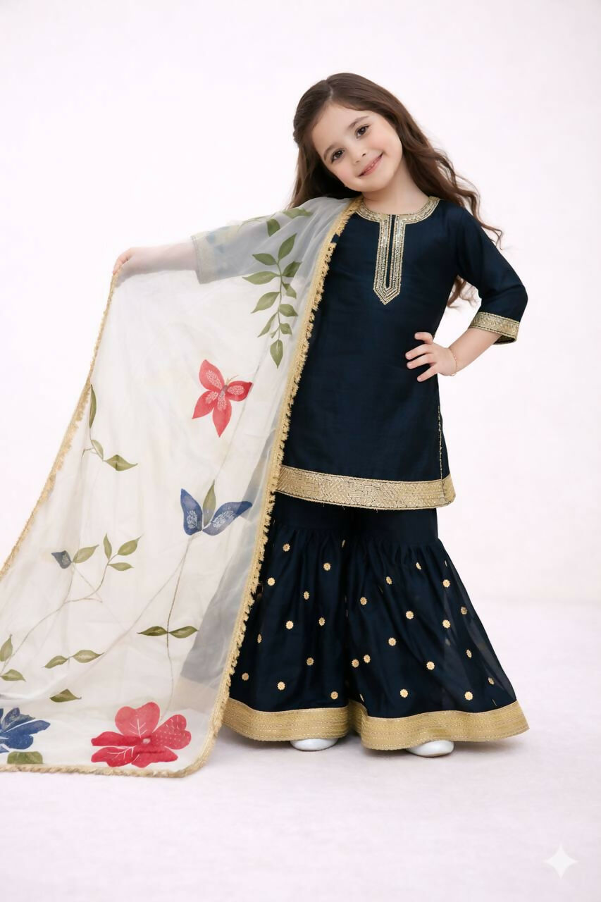 Teeya Creation New Kids Trendy Heavy Embroidery Sequence Work Kurta Sharara Set-Black | Grocsy