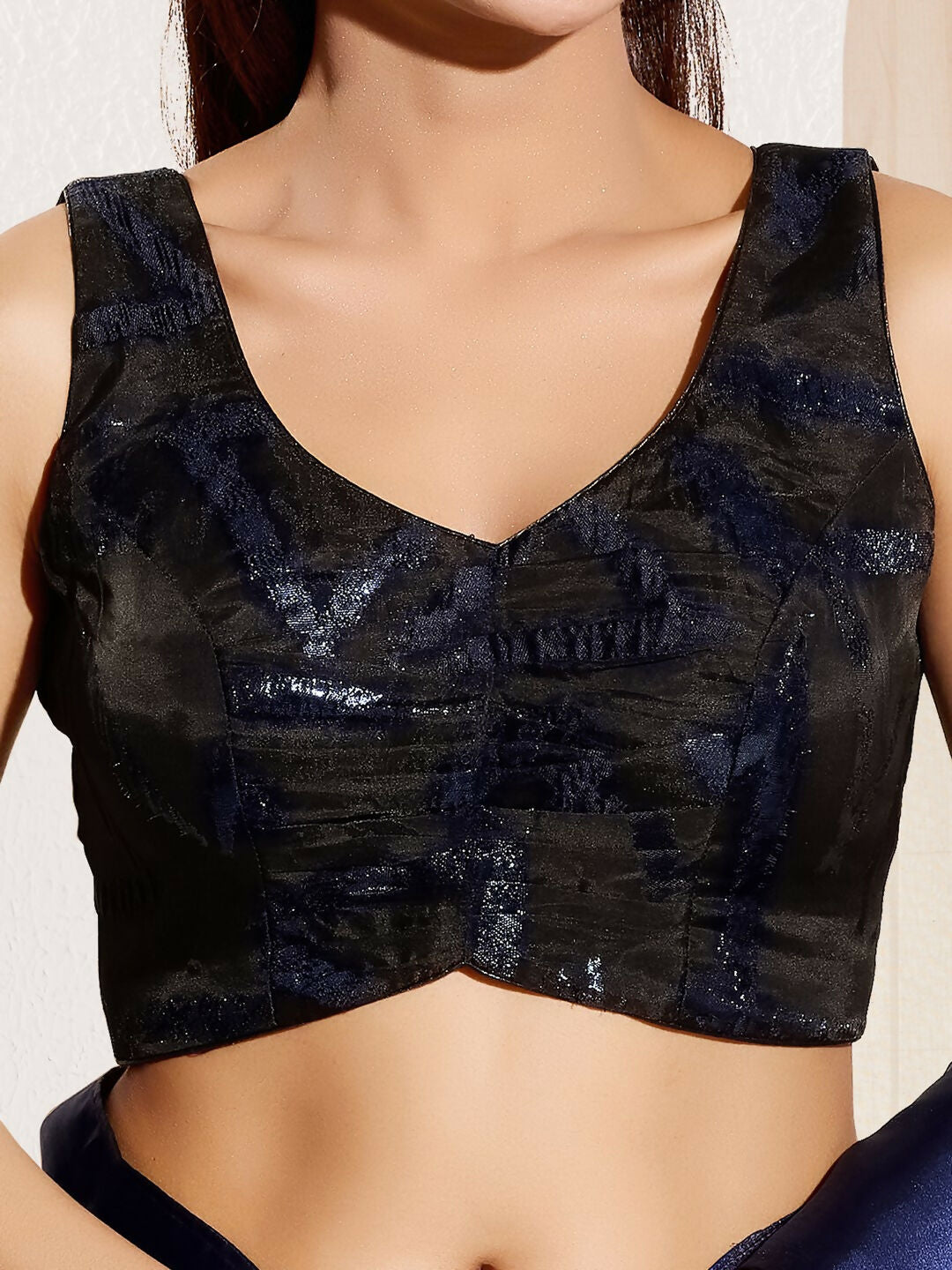 Joban Fashion Navy Blue Organza Padded Blouse With Sweetheart Neck Sleeveless | Grocsy